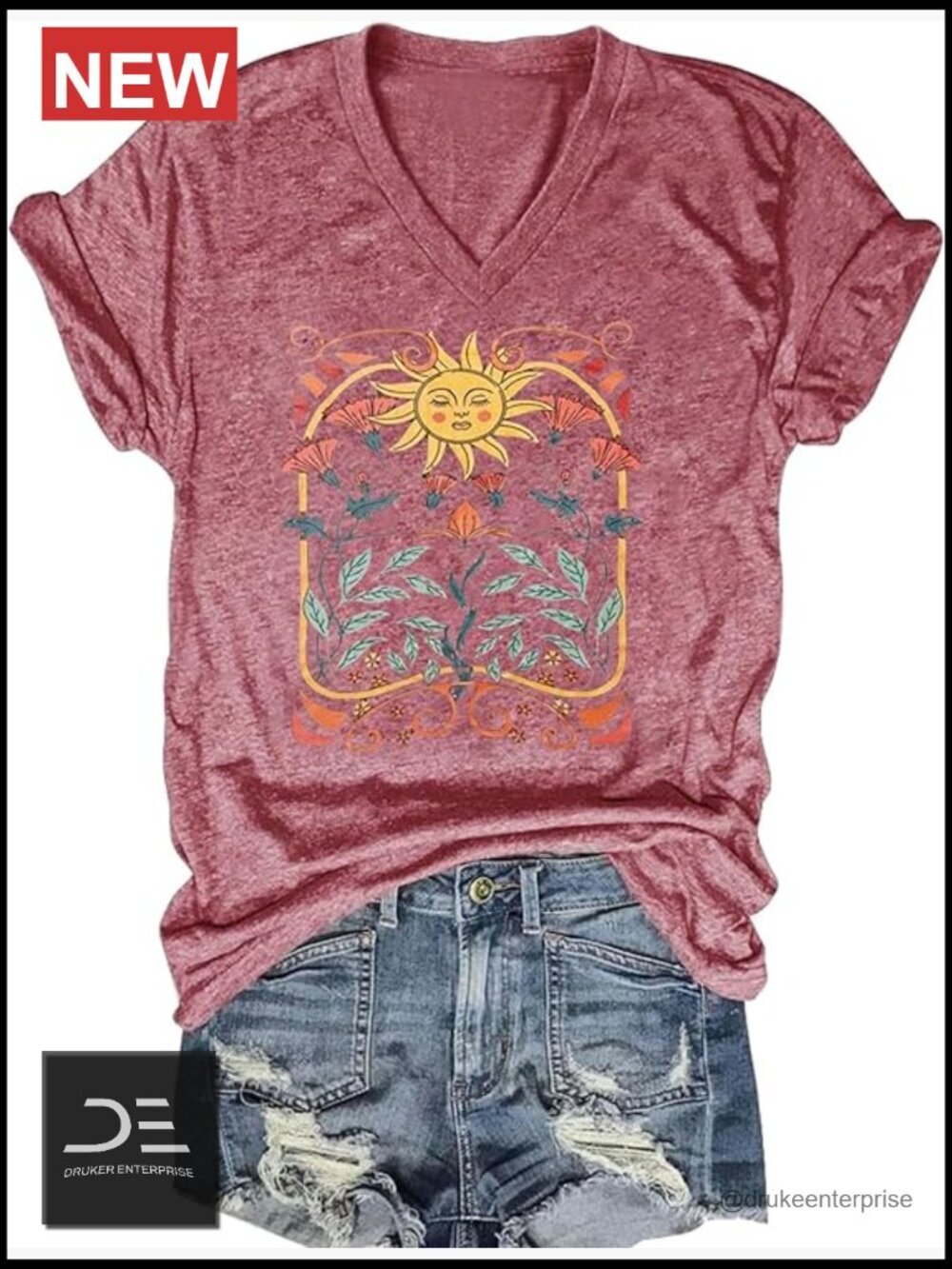 Women's V-Neck Boho Floral Wildflowers Graphic Tee Short Sleeve